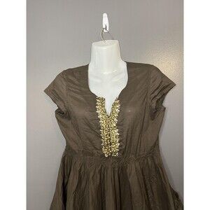 Satya Tunic Top Womens Large Brown Beaded V Neck Handkerchief Hem Boho Blouse